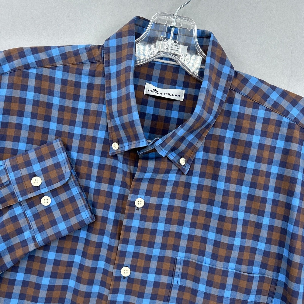 Peter Millar Shirt Mens XL Blue Brown‎ Check Button Down Tattersall Classic